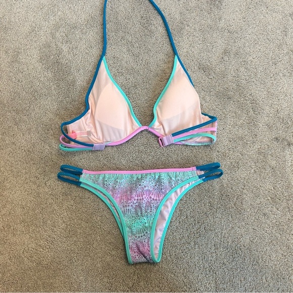 Victoria's Secret pink purple teal green lace halter bikini swimsuit sexy pastel - Picture 3 of 7